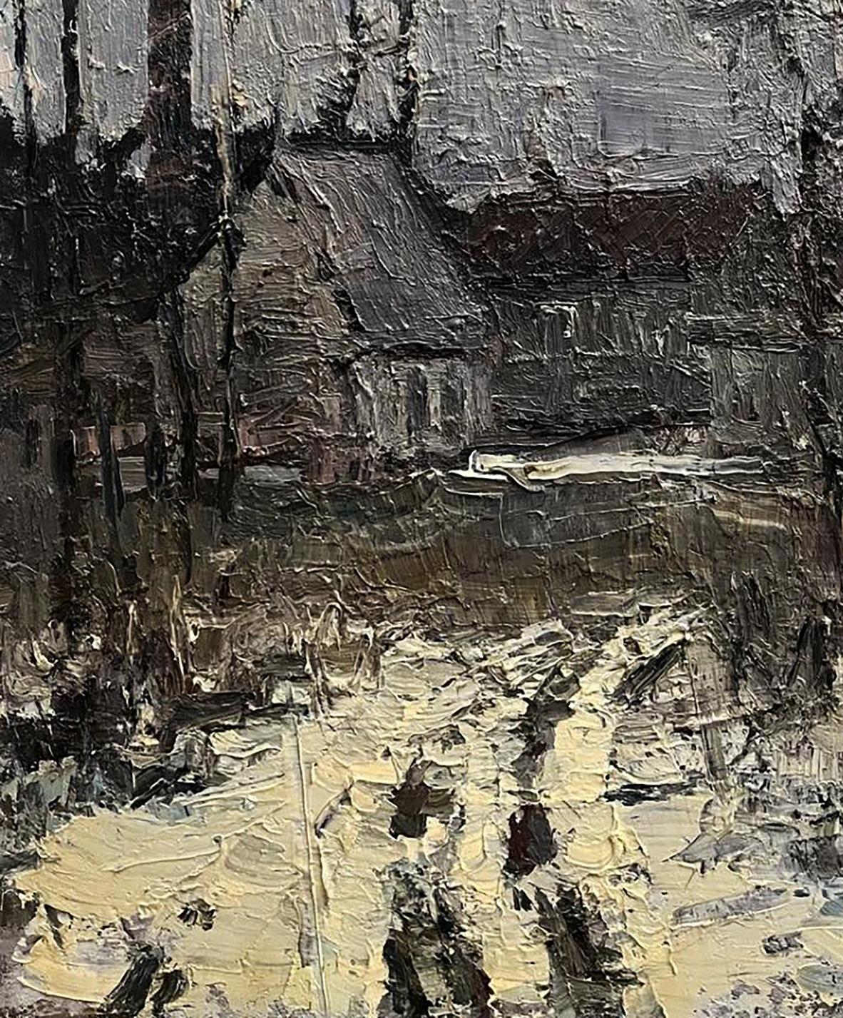 Oil painting High-speed Volodymyr Pashchenko with thick textured brushstrokes in muted grays blacks and earthy yellows