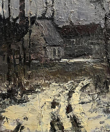 Oil painting High-speed Volodymyr Pashchenko with thick textured brushstrokes in muted grays blacks and earthy yellows
