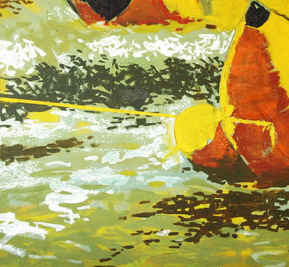 Vibrant oil painting Bananas by Ed Potapenkov with bold yellow orange shapes on green white background