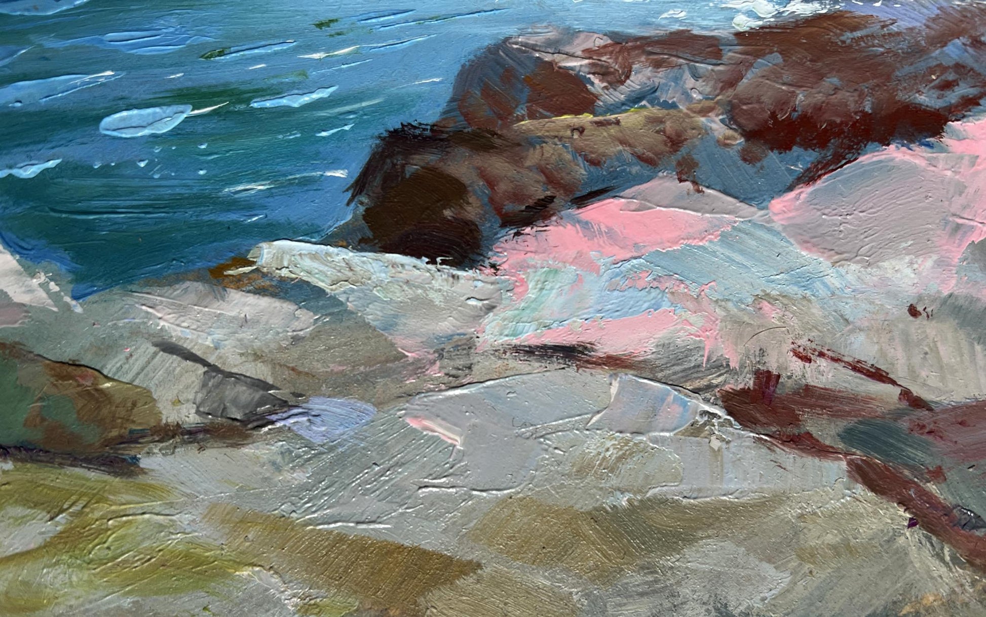 Impressionistic oil painting of seagulls, rocky shore, and resting figure by Yuriy Suprunchuk