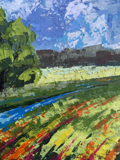 Vibrant impressionist oil painting by V. Zadorozhnya: green fields, river under textured skies