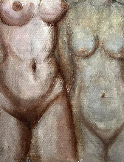 Oil painting by Tatyana Nikolsk of two female figure figures in earthy tones