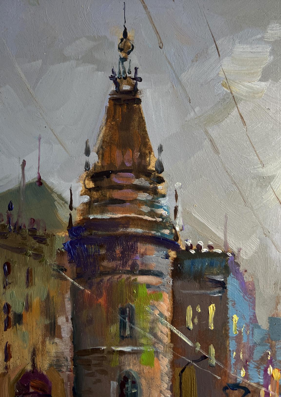 Oil painting of tall ornate tower by Yuriy Suprunchuk