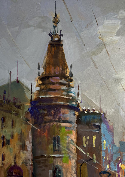 Oil painting of tall ornate tower by Yuriy Suprunchuk