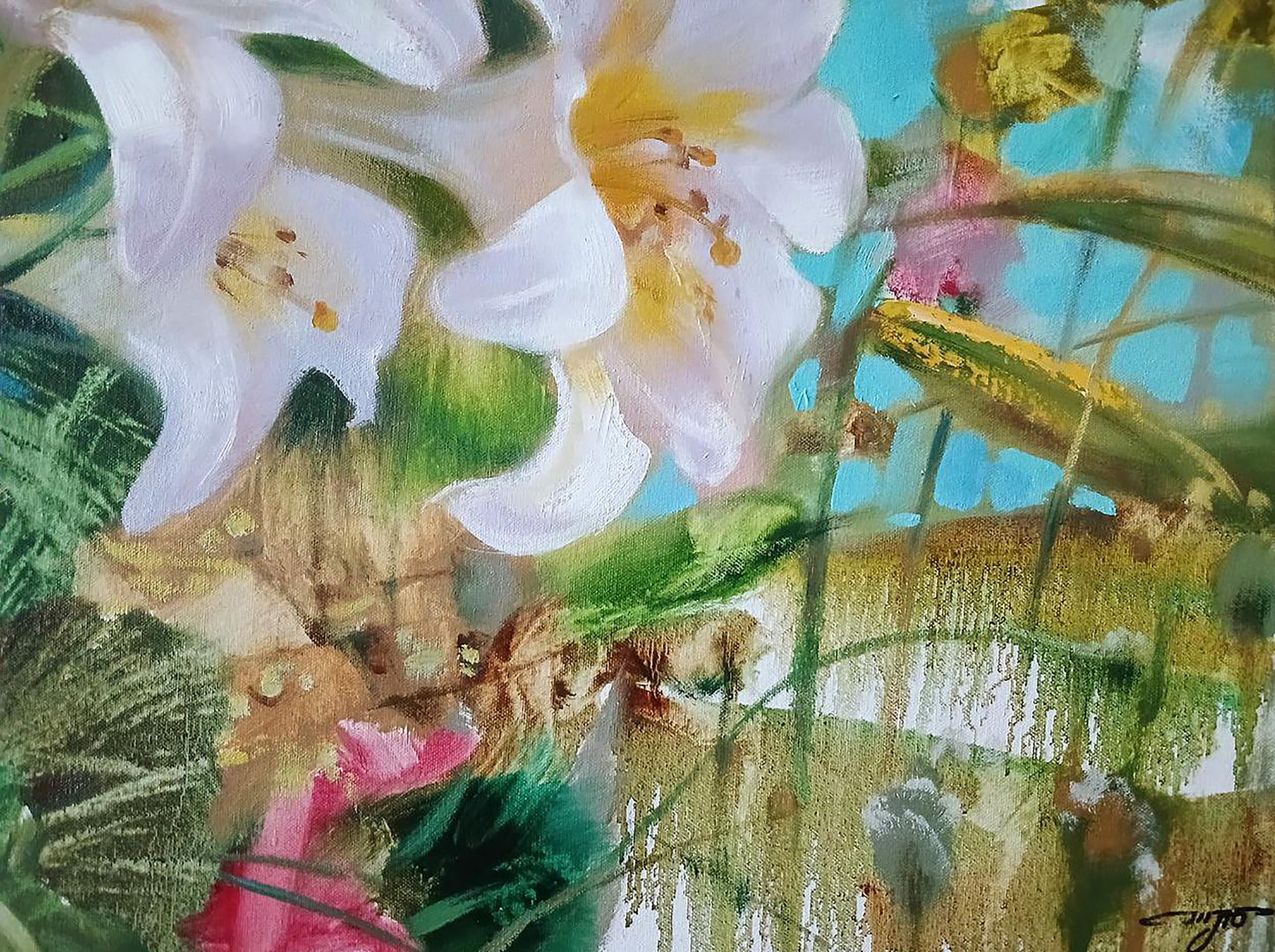 Abstract oil painting of summer flowers by Anatoly Tarabanov: white lilies