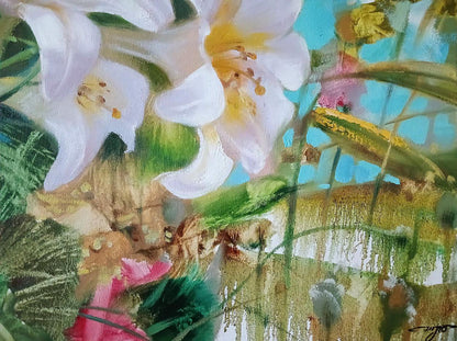 Abstract oil painting of summer flowers by Anatoly Tarabanov: white lilies