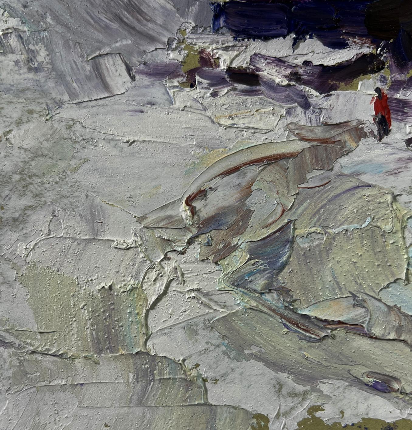 Oil painting Winter village by Boris Serdyuk: red figure in snowy landscape
