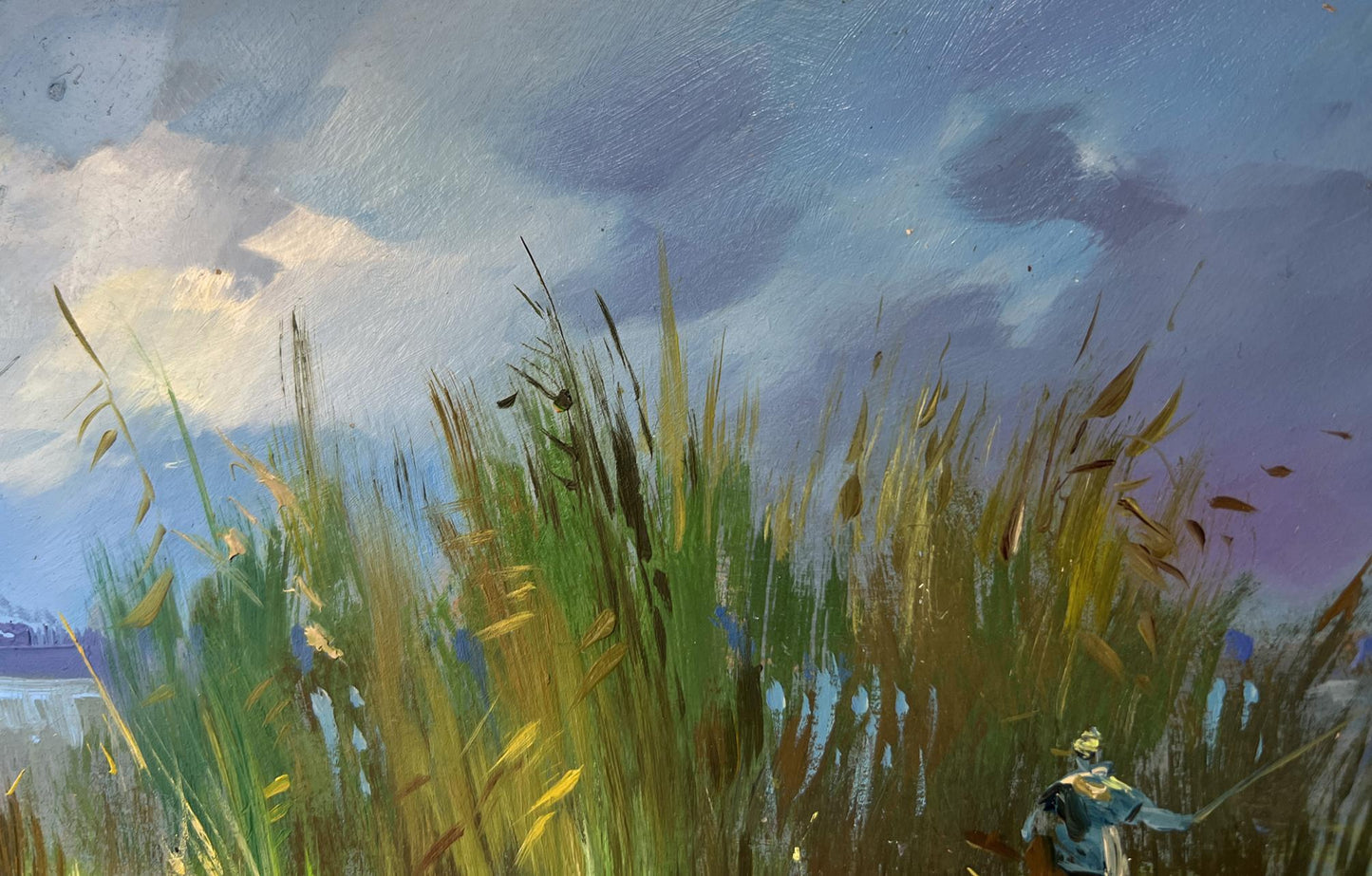 Oil painting of boat near swaying golden-green reeds by Yuriy Suprunchuk