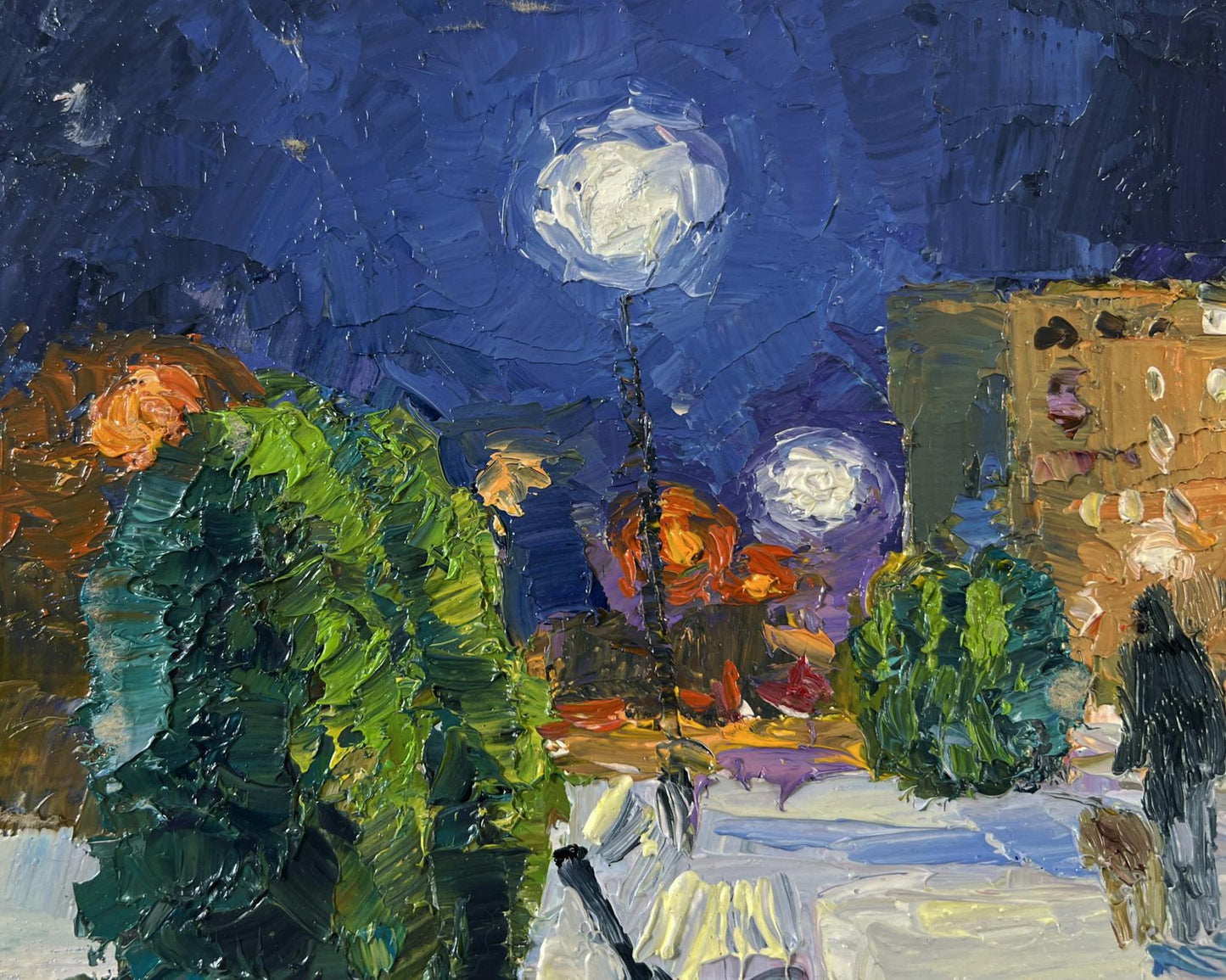 Oil painting Park before night by Boris Serdyuk, textured impressionist nighttime scene