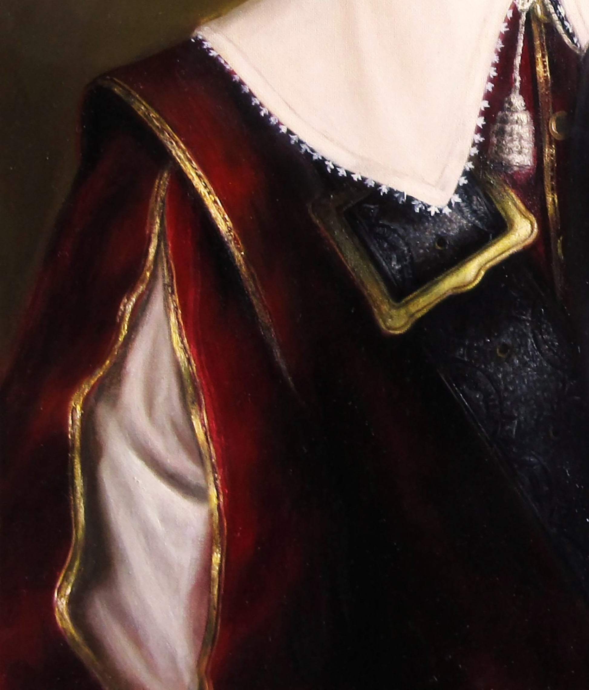 Oil painting of brave Gascon in burgundy velvet doublet with gold trim