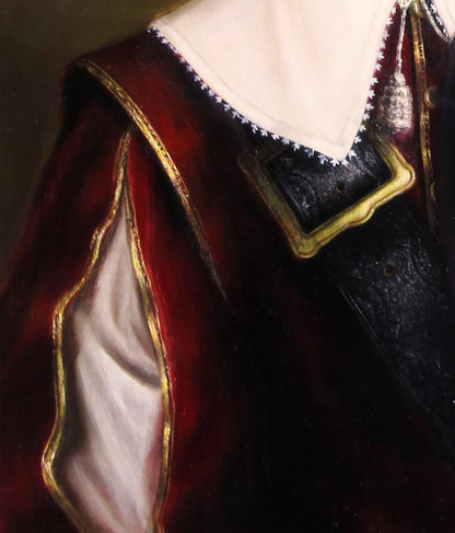 Oil painting of brave Gascon in burgundy velvet doublet with gold trim