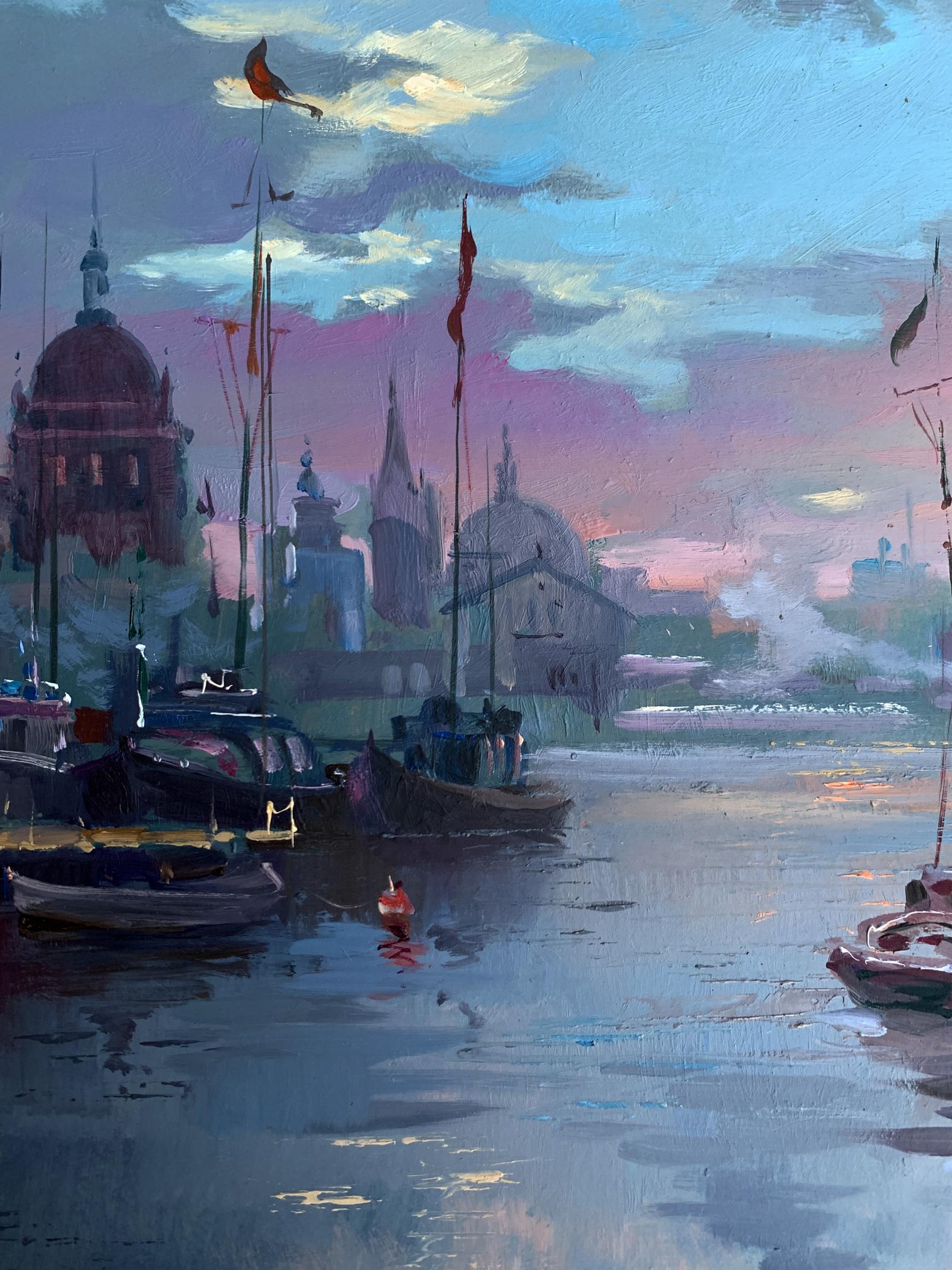 Serene impressionist oil painting of romantic harbor at dusk by Yuriy Suprunchuk