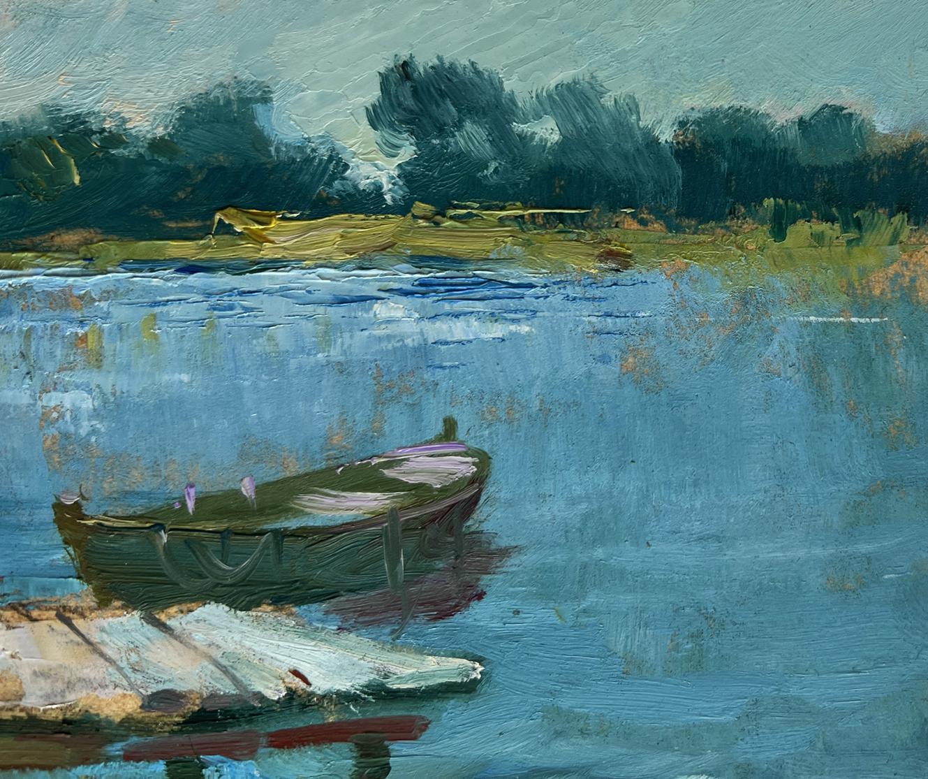 Oil painting of weathered green rowboat on calm water by Yuriy Suprunchuk