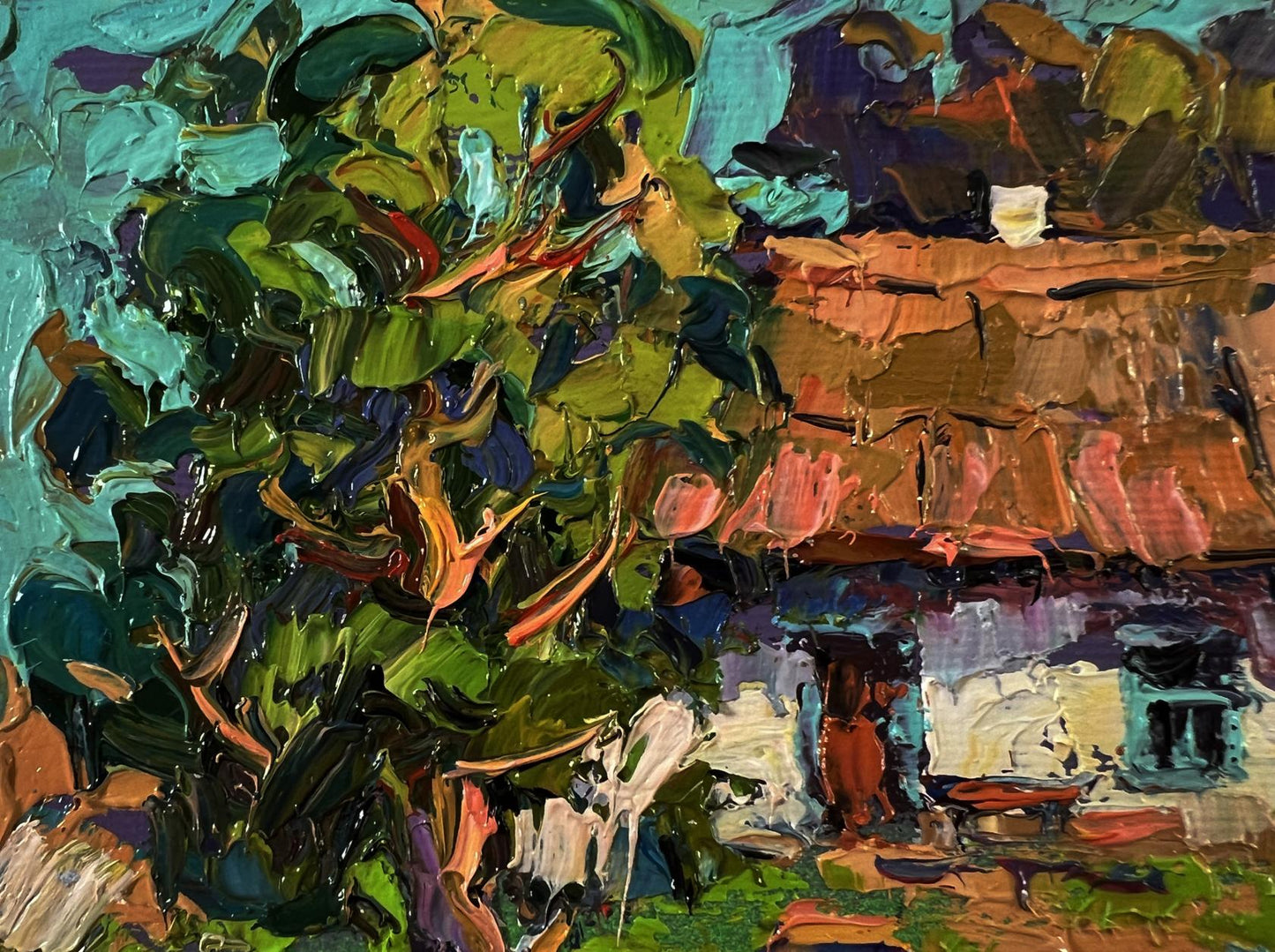 Vibrant impressionist oil painting Apiary in the Yard by Oksana Ivanyuk