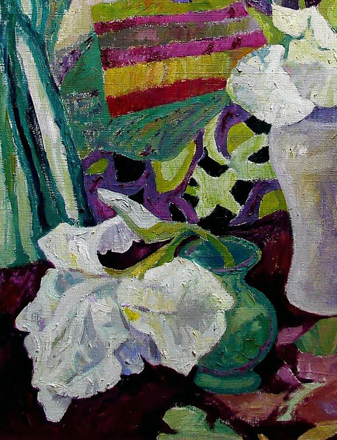 Oil painting Irises by Tatyana Shulyak with vibrant green vase and lush white flower