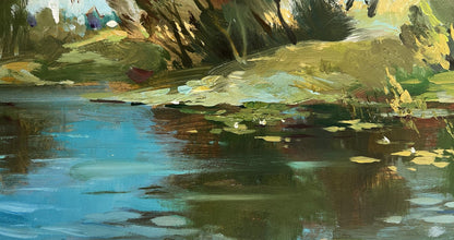 Vibrant impressionist oil painting of lake behind village by Yuriy Suprunchuk