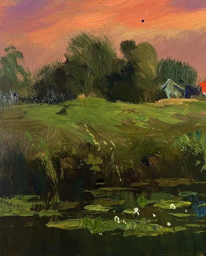 Oil painting of orange sunset over river by Yuriy Suprunchuk
