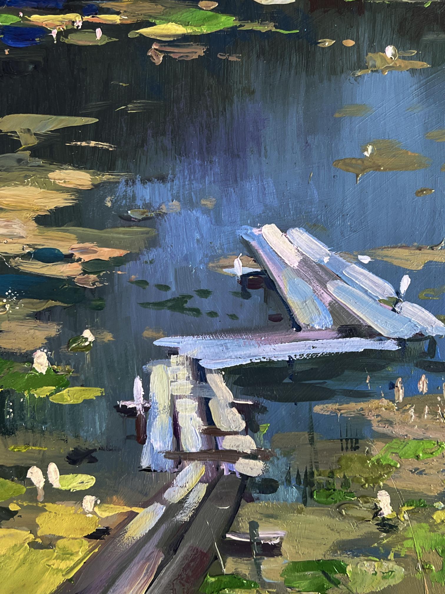 Oil painting of weathered dock, boats on river bank by Yuriy Suprunchuk