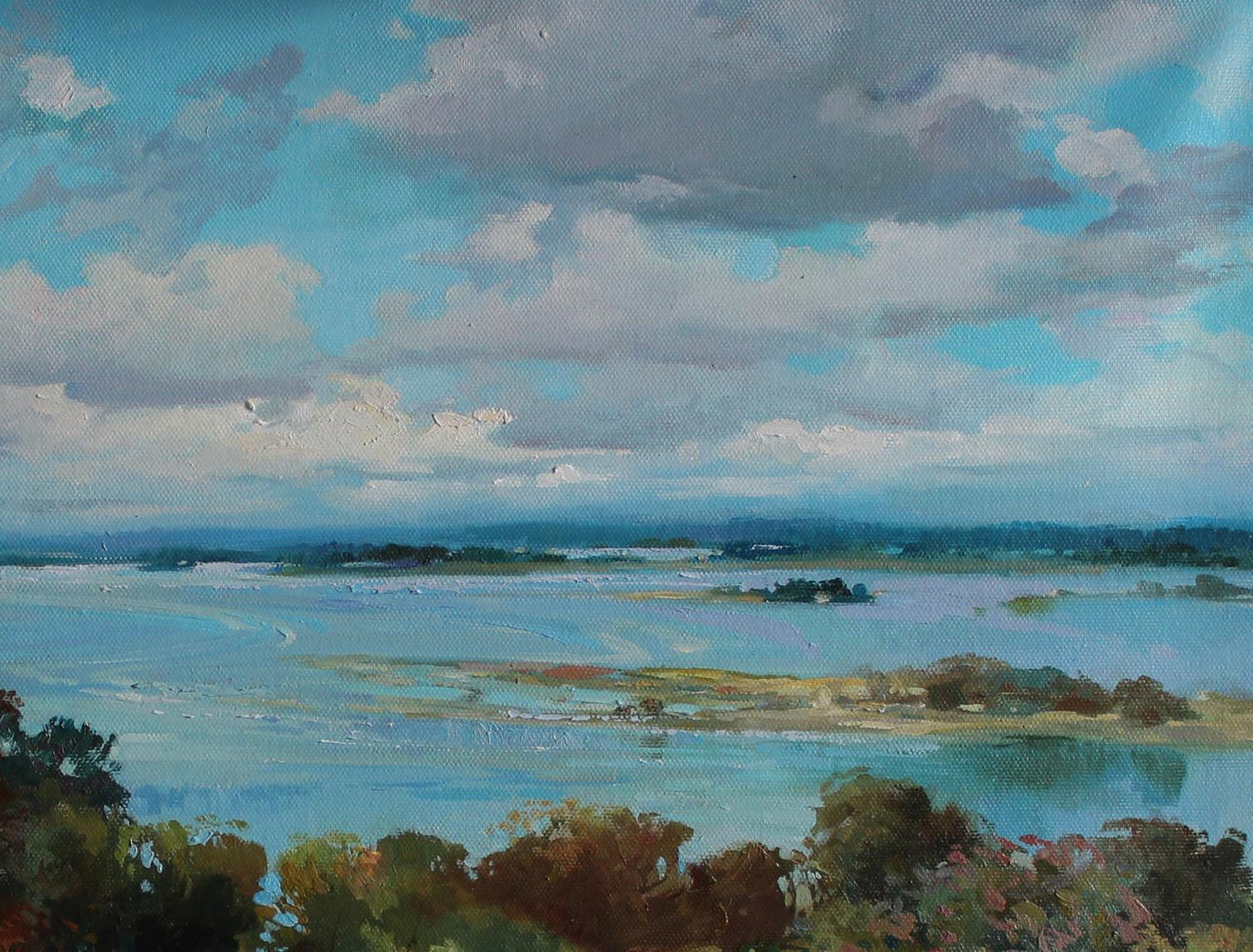 Serene oil painting June’s quiet walls by Yuriy Suprunchuk with blue water and clouds