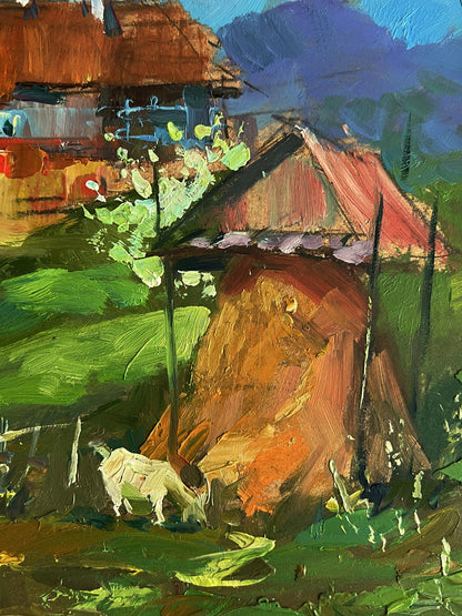 Oil painting of rustic thatched hut, garden, goat by Yuriy Suprunchuk