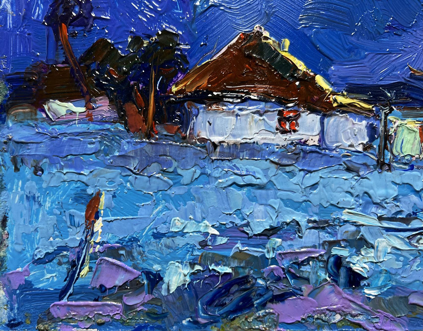 Vibrant blue purple oil painting of moonlit rustic house by Oksana Ivanyuk