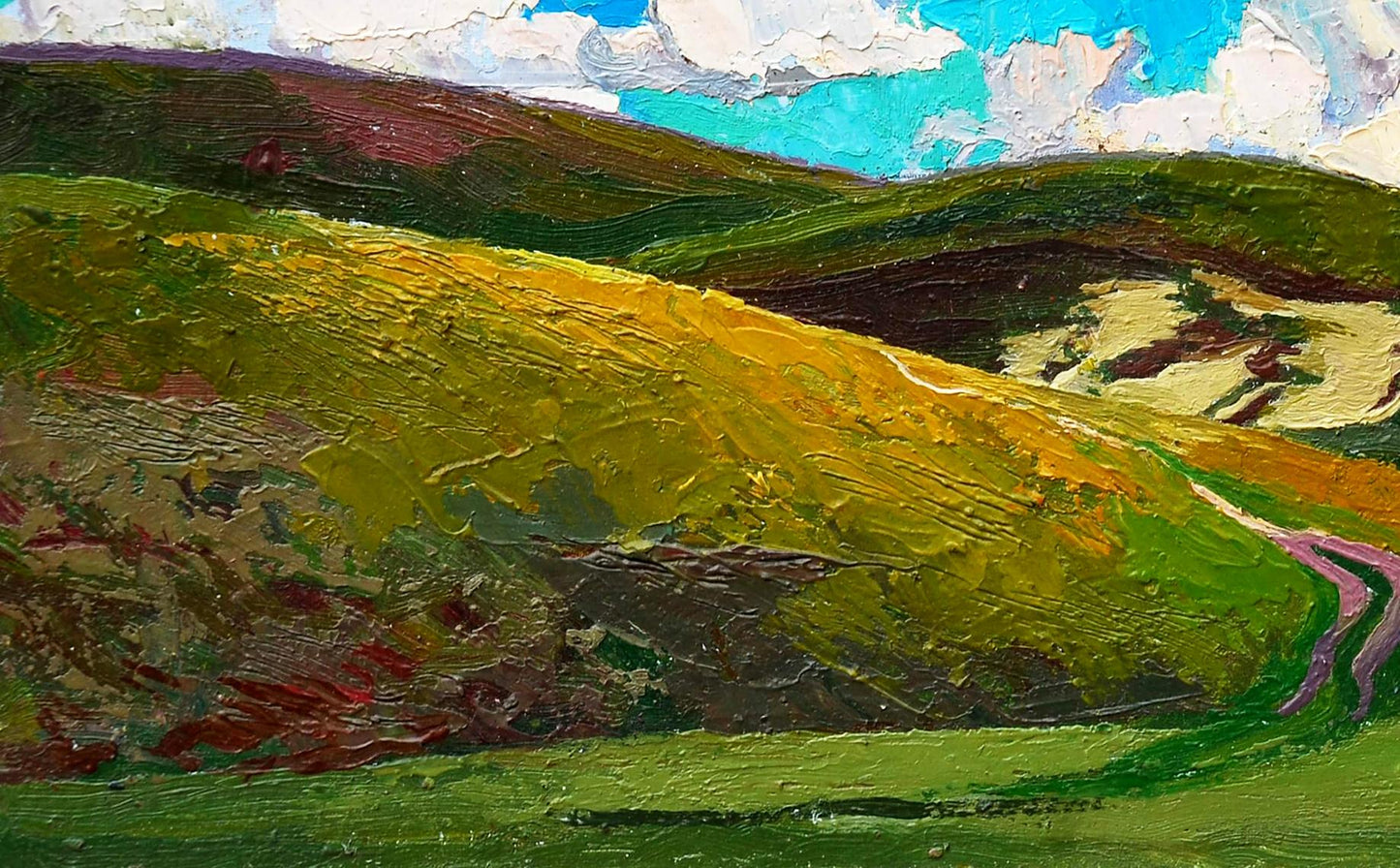 Vibrant impressionist oil painting of mountains by Egor Shvachunov
