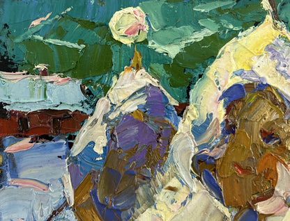 Vibrant oil painting Where time stopped by Oksana Ivanyuk with bold green purple blue yellow strokes
