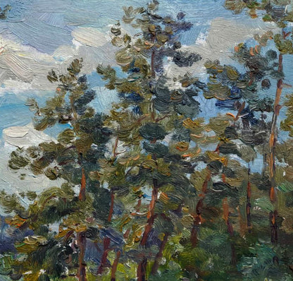Oil painting of house in forest with tall pine trees by Ivan Kovalenko