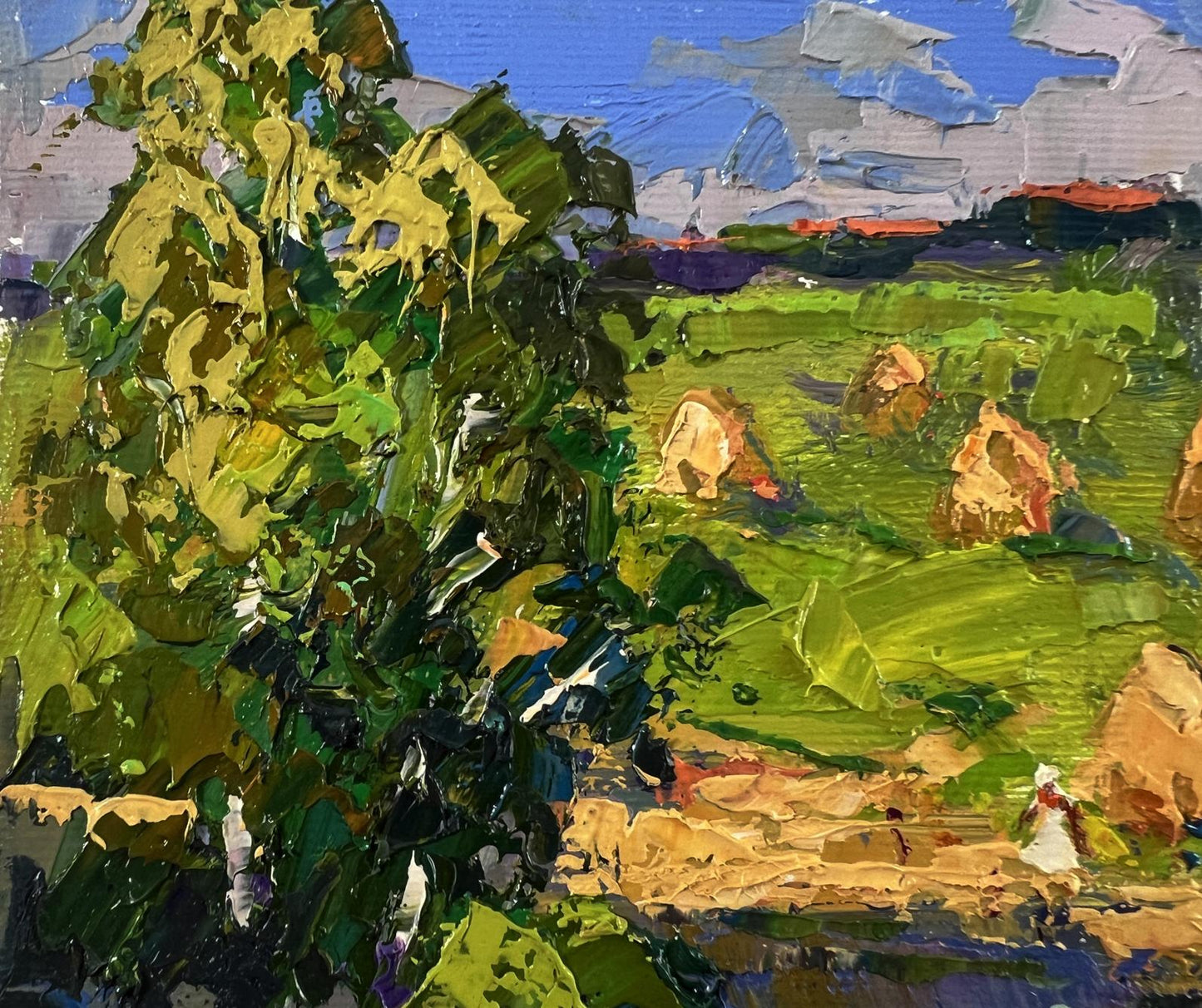 Vibrant impressionist oil painting Haystacks by the River by Oksana Ivanyuk