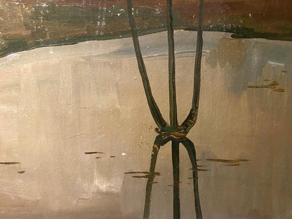 Dark green slender metal tripod legs in Autumn silence by Mykola Reznik oil painting