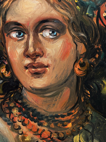 Oil painting of woman with flowers by Alexander Litvinov, expressive blue eyes