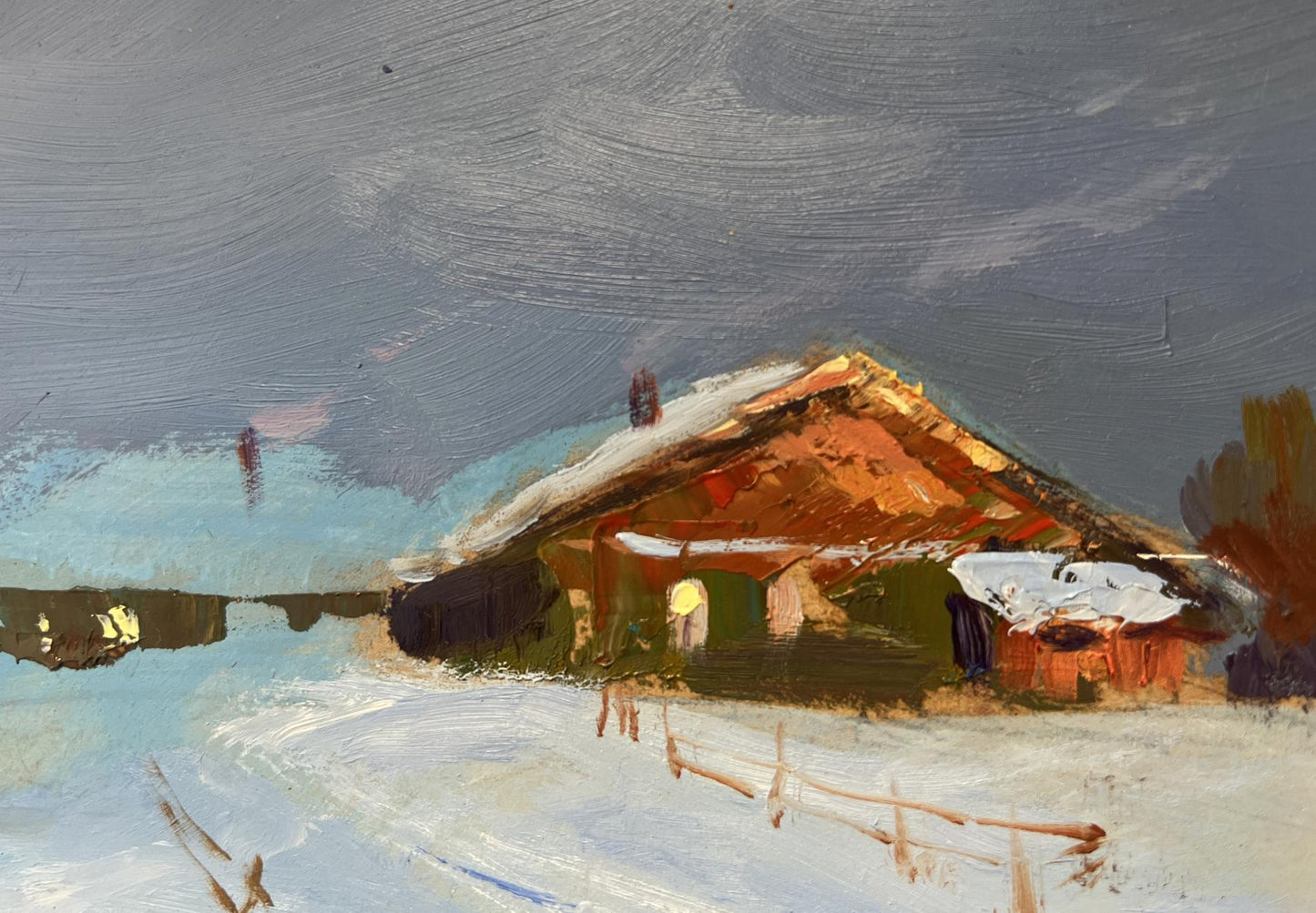 Oil painting of cozy winter evening by Yuriy Suprunchuk: rustic wooden house with snow-dusted roof