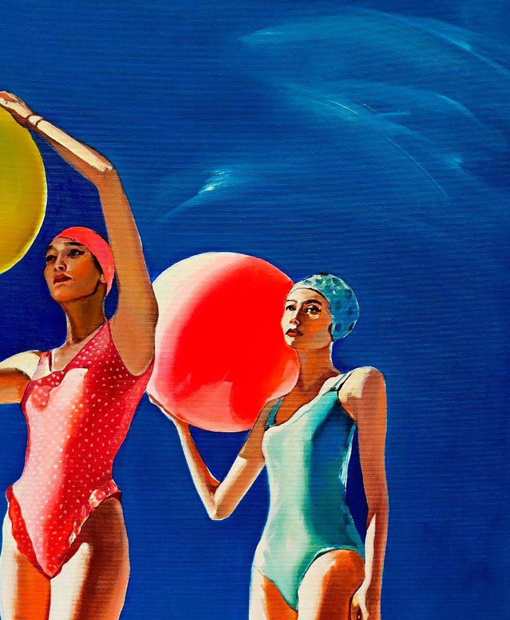 Vibrant red polka-dot swimsuit in Igor Konovalov oil painting Girls at the sea