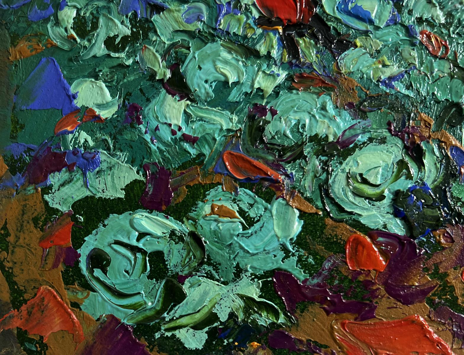 Oil painting In the Evening in the Garden by Oleksiy Ivanyuk with teal and red impasto