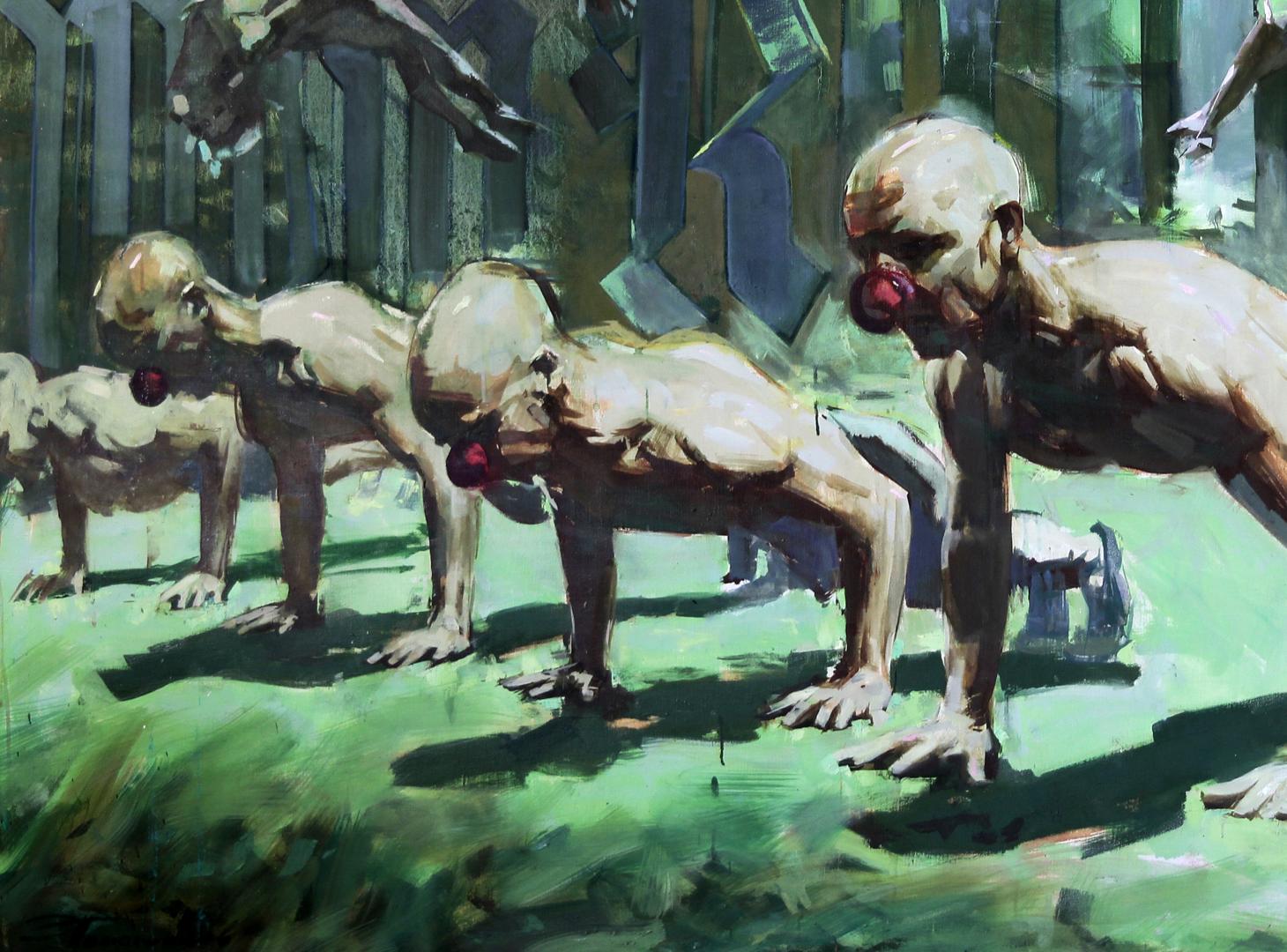 Oil painting by Ed Potapenkov of pale muscular figures with red spheres in mouths