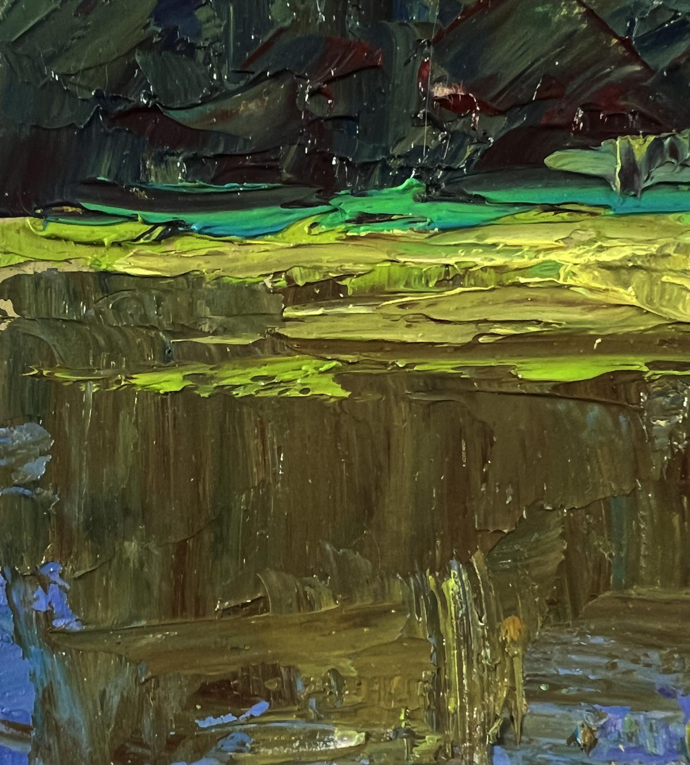 Oil painting of trees near pond by Boris Serdyuk, impasto greens and yellow bands