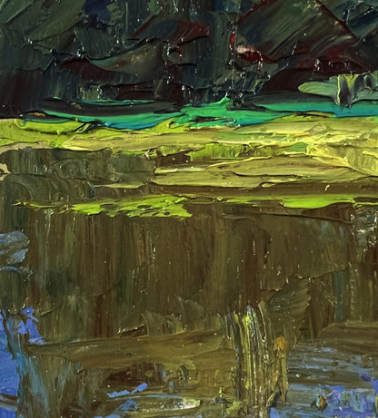 Oil painting of trees near pond by Boris Serdyuk, impasto greens and yellow bands