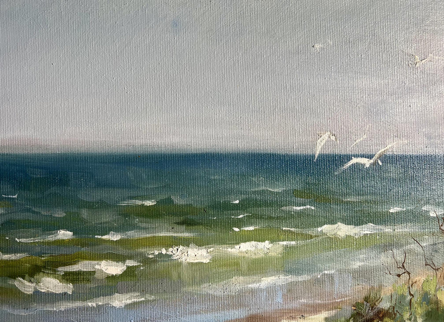 Oil painting Autumn sea breeze by Tatyana Derdey serene ocean waves gulls