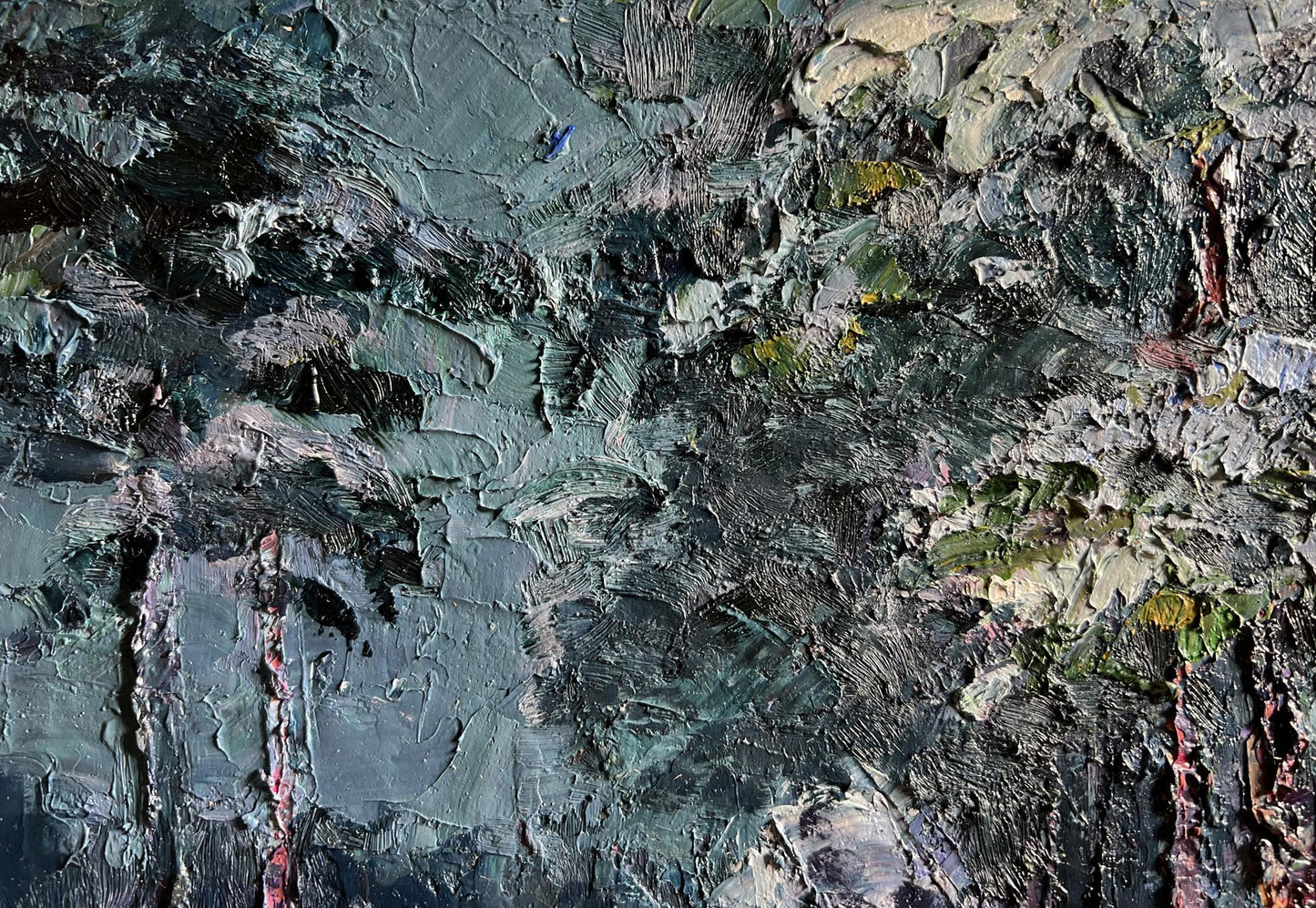 Oil painting Winter trail in the forest by Boris Serdyuk, textured impasto greens
