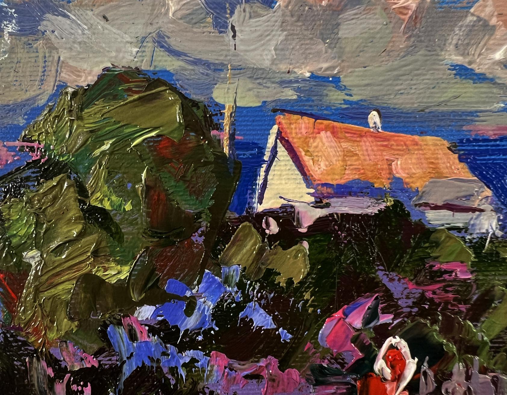 Oil painting Village Silence by Oleksiy Ivanyuk with white house and orange roof