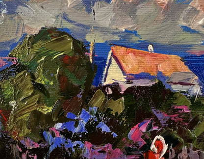 Oil painting Village Silence by Oleksiy Ivanyuk with white house and orange roof