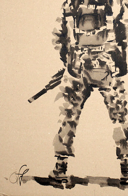 Black ink sketch by Dima Filatov: soldier in camo gear with rifle