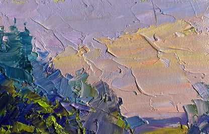 Oil painting of summer flower meadow by Boris Serdyuk in lavender teal ochre green