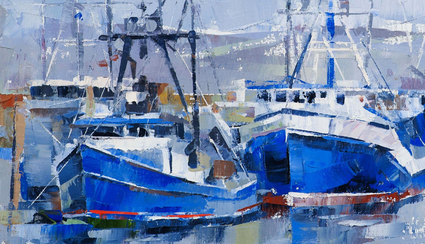 Oil painting Seagulls Volodymyr Gluhomanyuk with impressionistic blue boats