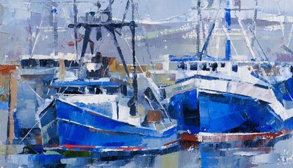 Oil painting Seagulls Volodymyr Gluhomanyuk with impressionistic blue boats