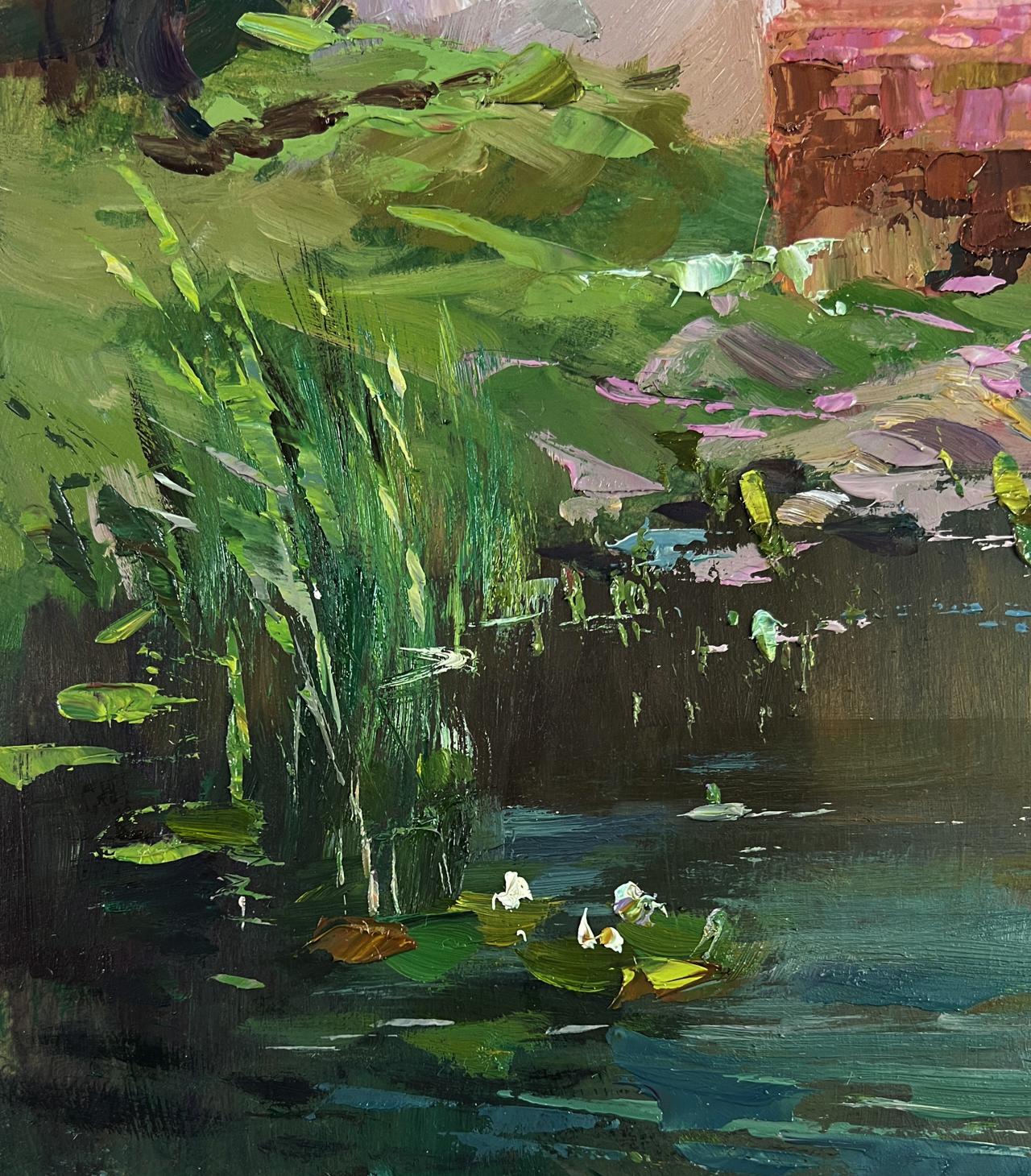 Oil painting of vibrant green lily pads and white flowers in pond by Yuriy Suprunchuk