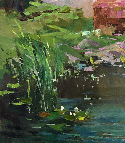 Oil painting of vibrant green lily pads and white flowers in pond by Yuriy Suprunchuk
