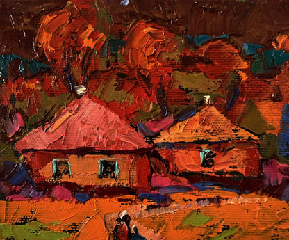 Vibrant impressionist oil painting of autumn village sunset by Oleksiy Ivanyuk
