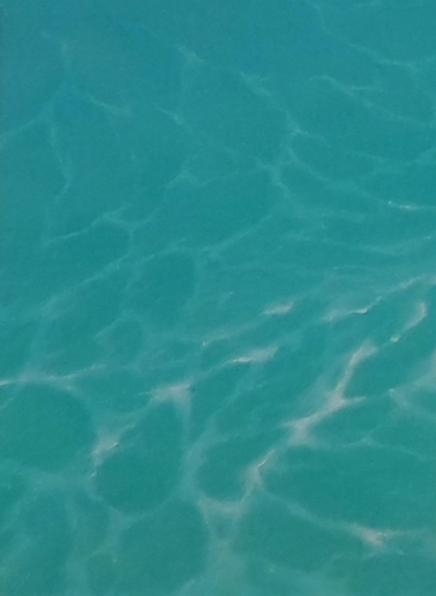 Oil painting by Vasily Korkishko: clear turquoise sea mirroring sky with rippling sunlight