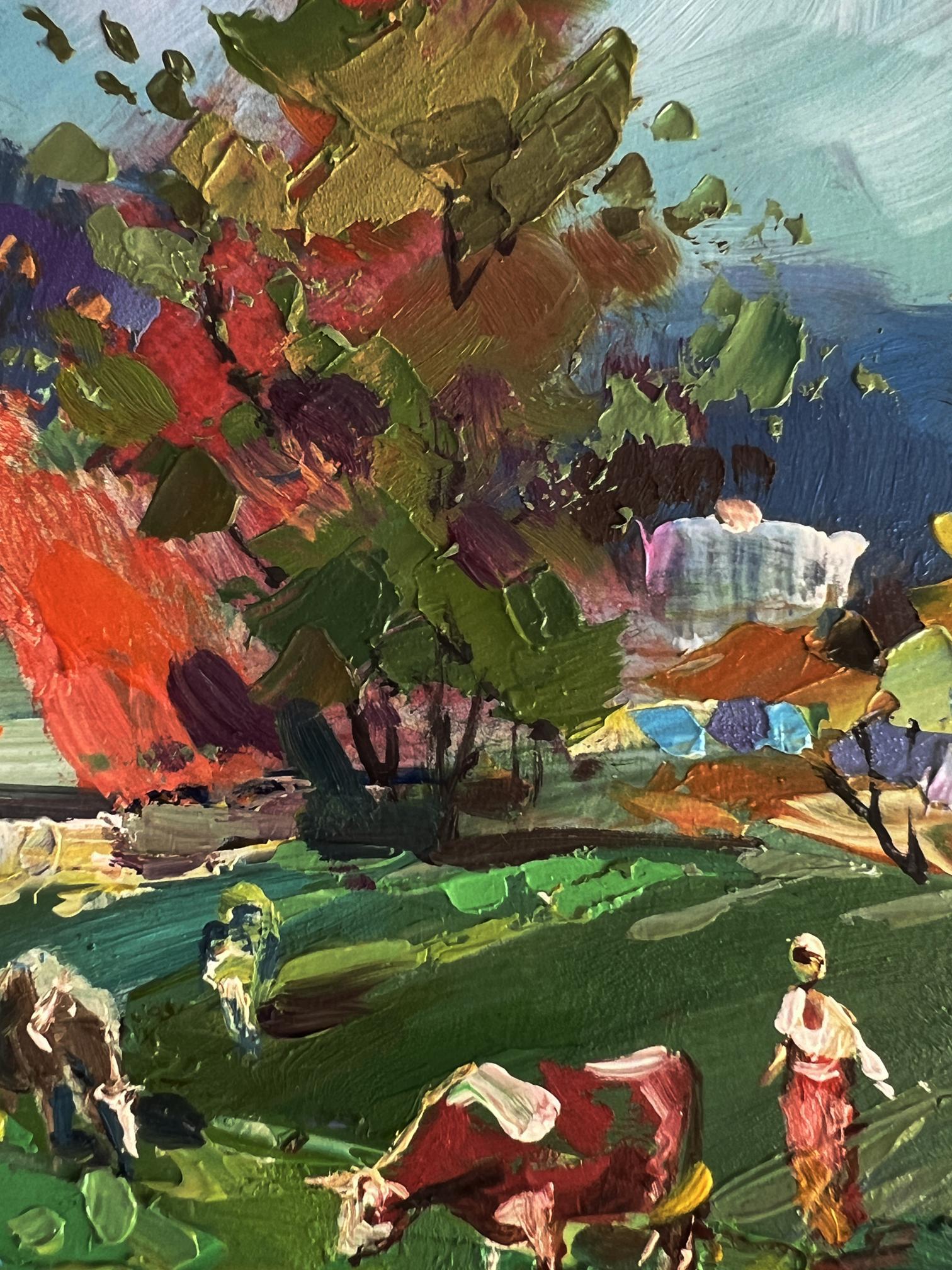 Vibrant impressionist oil painting of cows grazing in village by Yuriy Suprunchuk